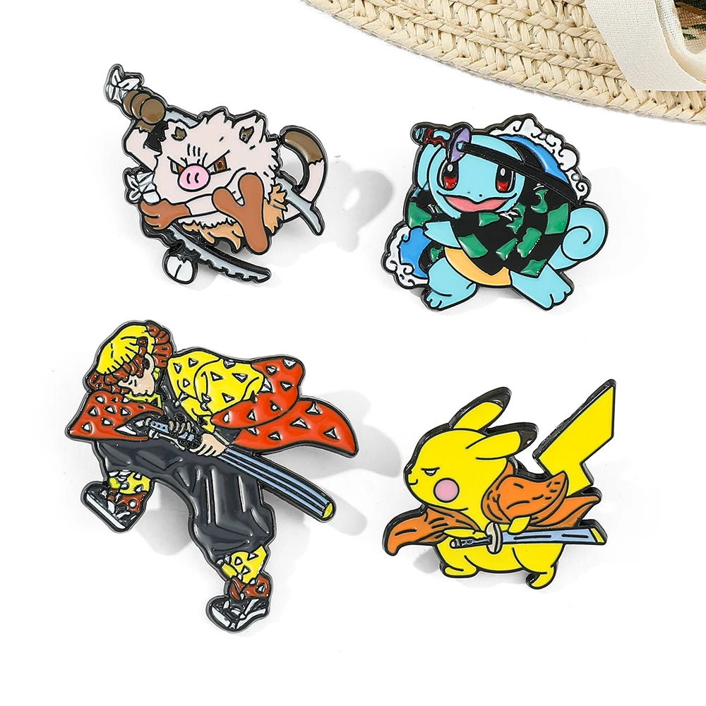 Anime  Pikachu And Squirtle Cosplay Demon Slayer Kimetsu No Yaiba Metal Cartoon Enamel Pins Brooch Backpack Lapel Badges
