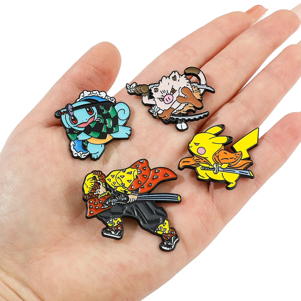 Anime  Pikachu And Squirtle Cosplay Demon Slayer Kimetsu No Yaiba Metal Cartoon Enamel Pins Brooch Backpack Lapel Badges