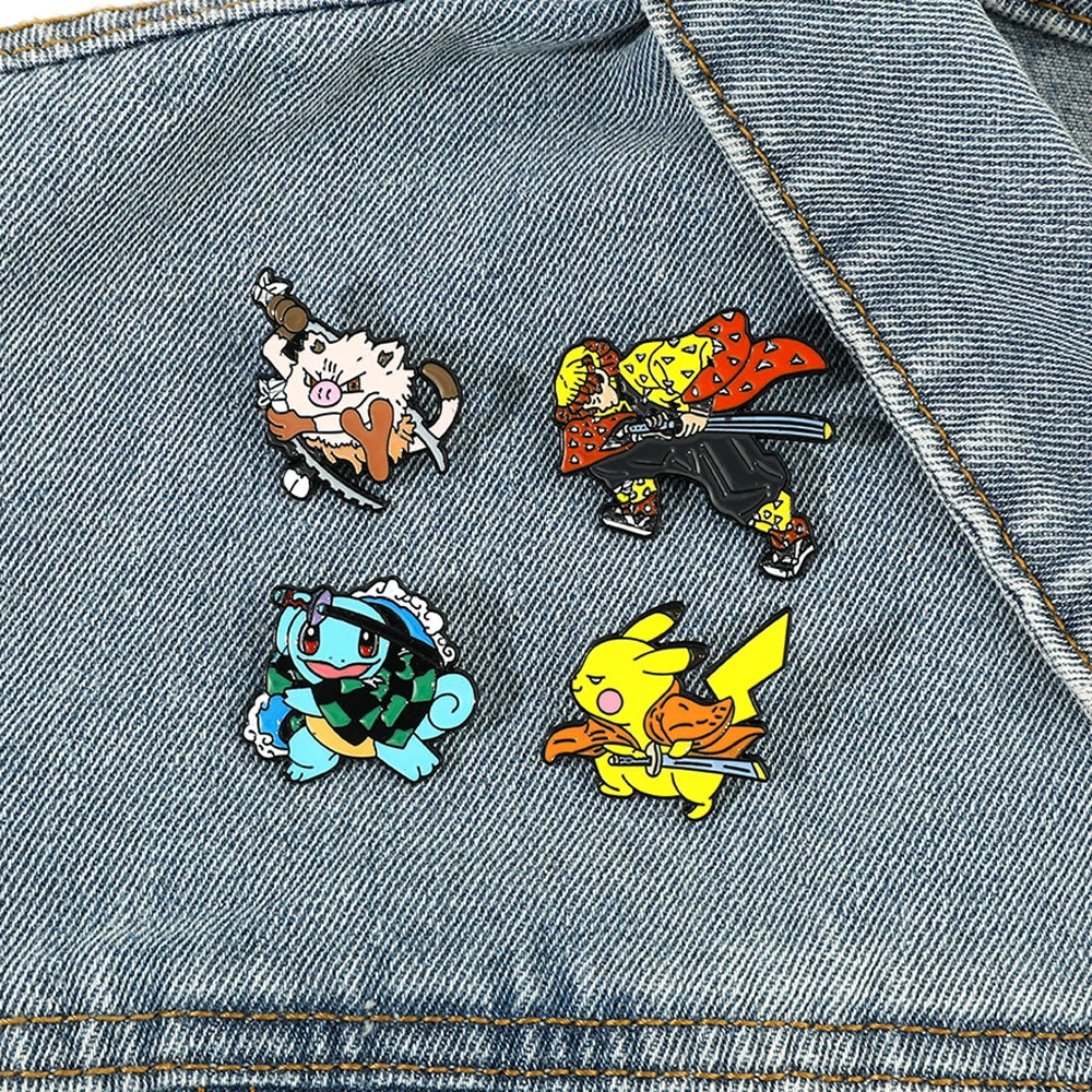 Anime  Pikachu And Squirtle Cosplay Demon Slayer Kimetsu No Yaiba Metal Cartoon Enamel Pins Brooch Backpack Lapel Badges