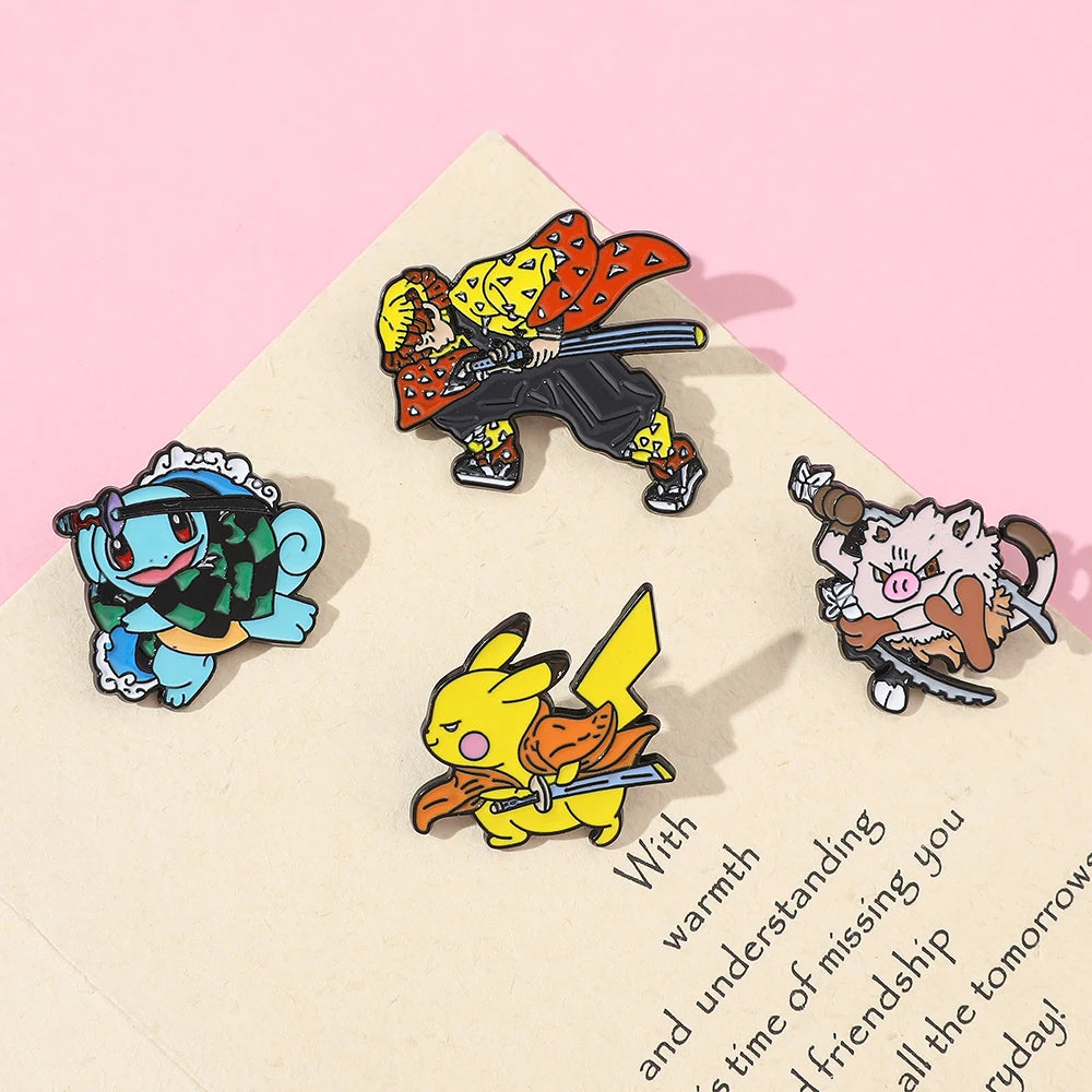 Anime  Pikachu And Squirtle Cosplay Demon Slayer Kimetsu No Yaiba Metal Cartoon Enamel Pins Brooch Backpack Lapel Badges